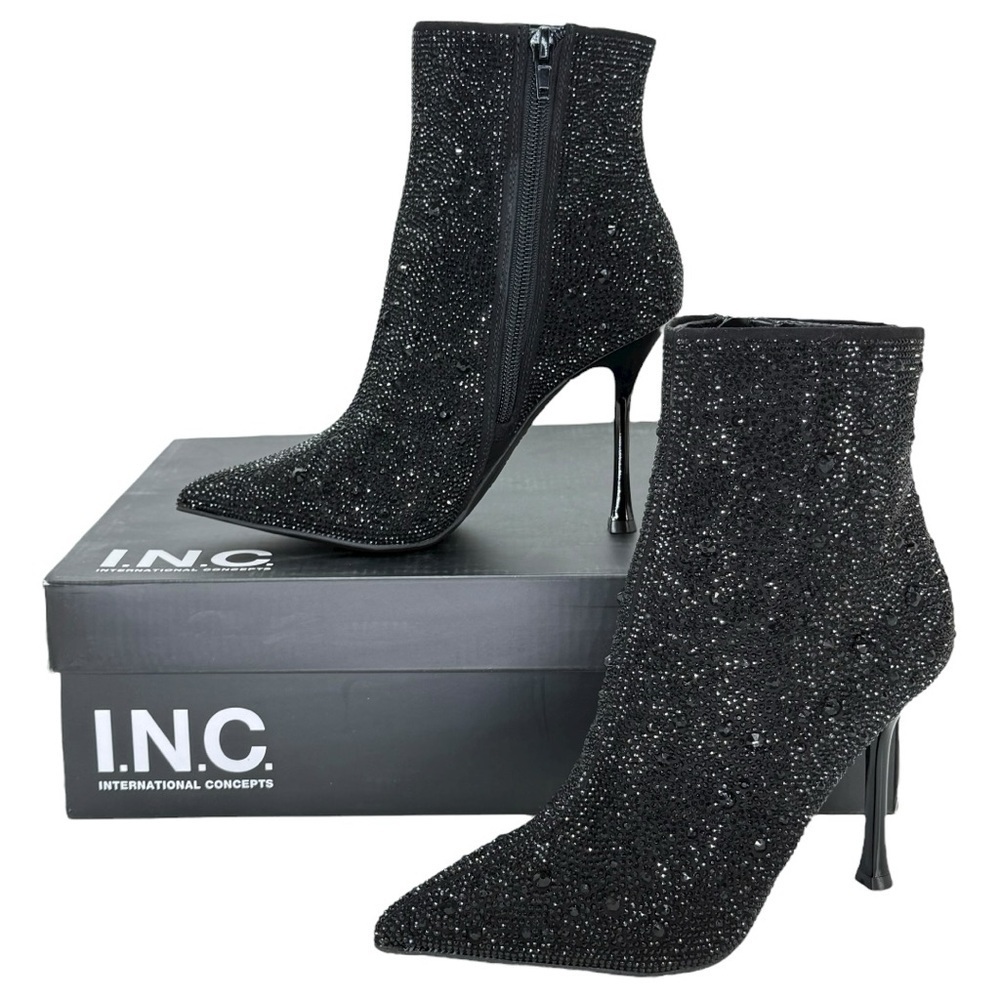 INC Rakima Black Rhinestone Covered Heeled Womens Ankle Boots Size 5M